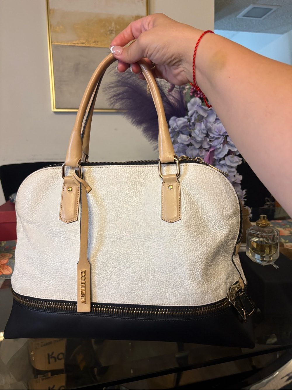 Women's Two-Tone Satchel Bag in Cream and Black